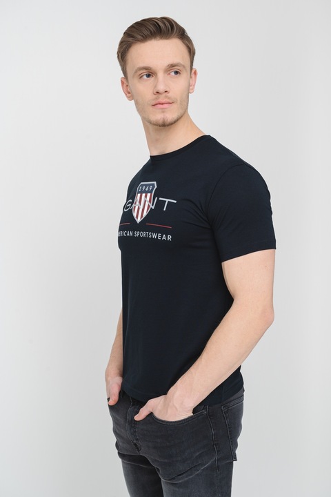 Gant, Tricou din bumbac cu model logo, Negru/Gri deschis/Alb murdar