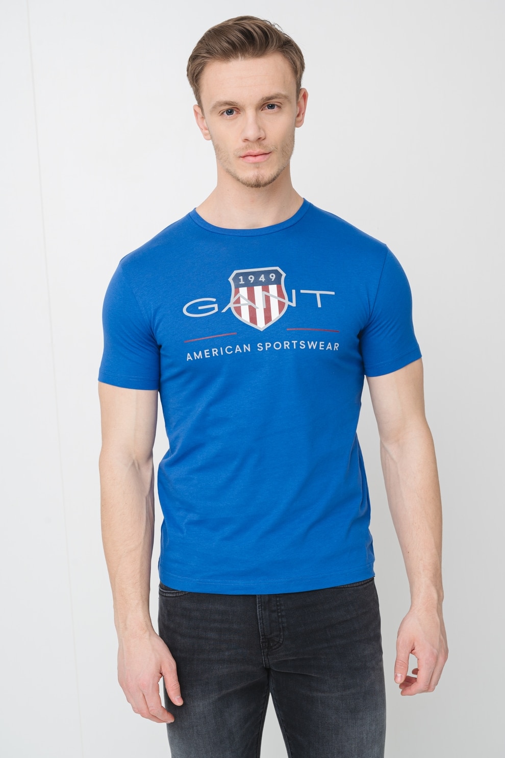 Gant, Tricou din bumbac cu model logo, Gri deschis, Albastru royal, Alb optic, S