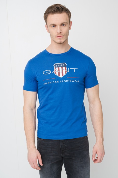 Gant, Tricou din bumbac cu model logo, Gri deschis/Albastru royal/Alb optic