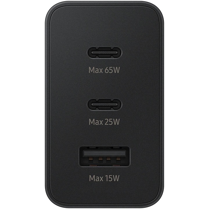 Incarcator Retea Fast-Charge, triplu adaptor, 1x USB-C 65W, 1x USB-C 25W, 1x USB-A 15W, 100-240V compatibil cu Samsung, Black