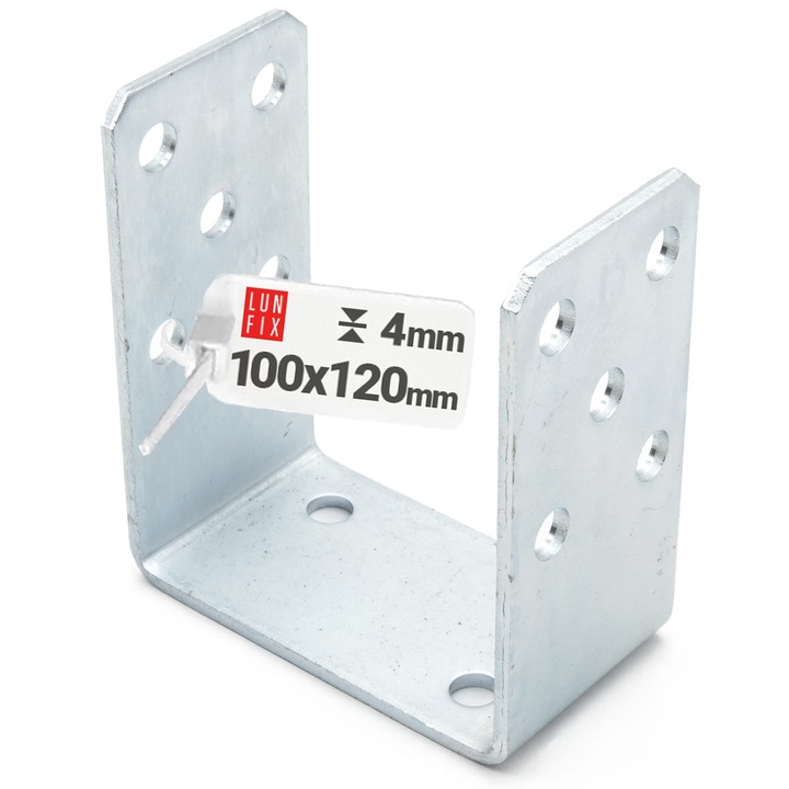 Baza de stalp tip U, Lun Fix, 100mm, 120mm inaltime, 4mm grosime, 8 gauri