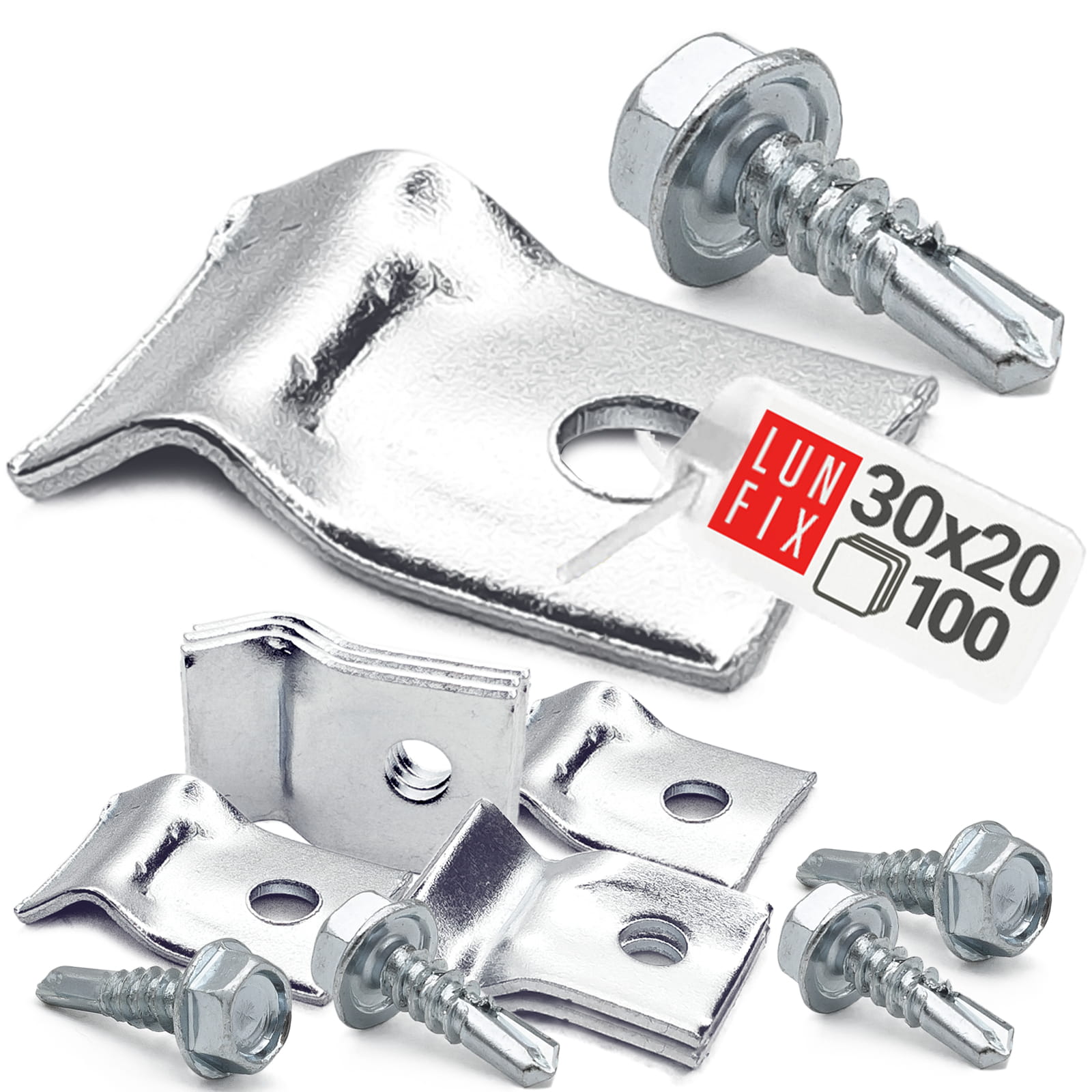 Set 100 buc. cleme cu suruburi, Lun Fix, otel zincat, 30x20mm