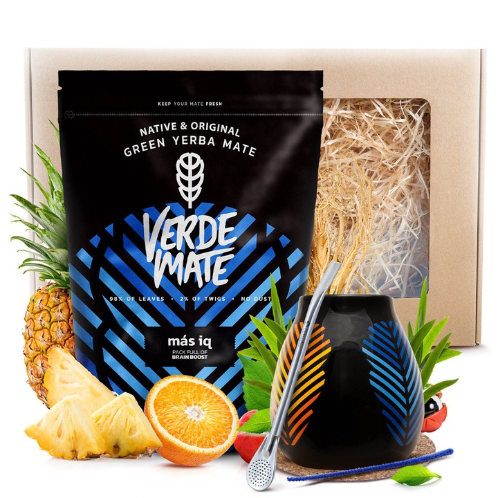 Ceai Yerba Mate Set, Verde Mate Green Más IQ 400g, Cana Ceramica Samba 350 ml