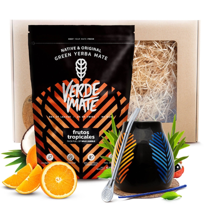 Ceai Yerba Mate Set Cadou, Verde Mate Green Frutos Tropicales 400g, Cana Ceramica Samba 350 ml