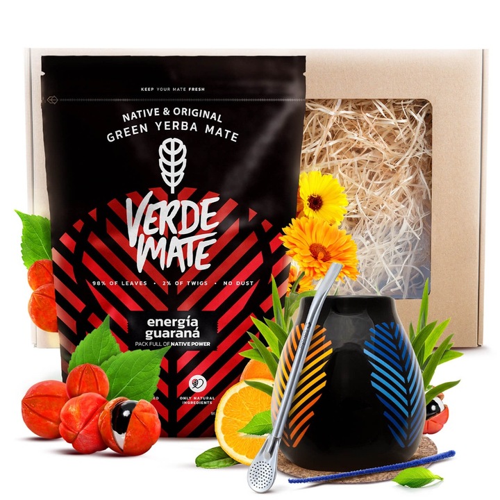 Ceai Yerba Mate Set, Verde Mate Green Energia Guarana 400g, Cana Ceramica Samba 350 ml