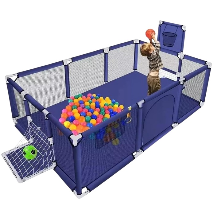 Tarc pentru copii cu 100 mingi de plastic incluse, spatiu sigur si distractiv, 120x180 cm, cu cos pentru mingi, poarta de fotbal, plasa de protectie si fermoar de acces, stabil, usor de curatat, ideal pentru interior si exterior