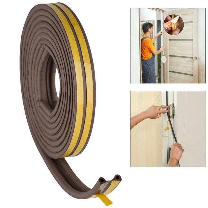 Banda Autoadeziva pentru Izolarea Fonica si Termica a Usilor si Ferestrelor, 9 mm x 5.5 mm, Lungime 6 Metri, Profil P, Cauciuc Premium, Rezistenta la Temperaturi Inalte si Scazute, Culoare Maro, SOLIDON®