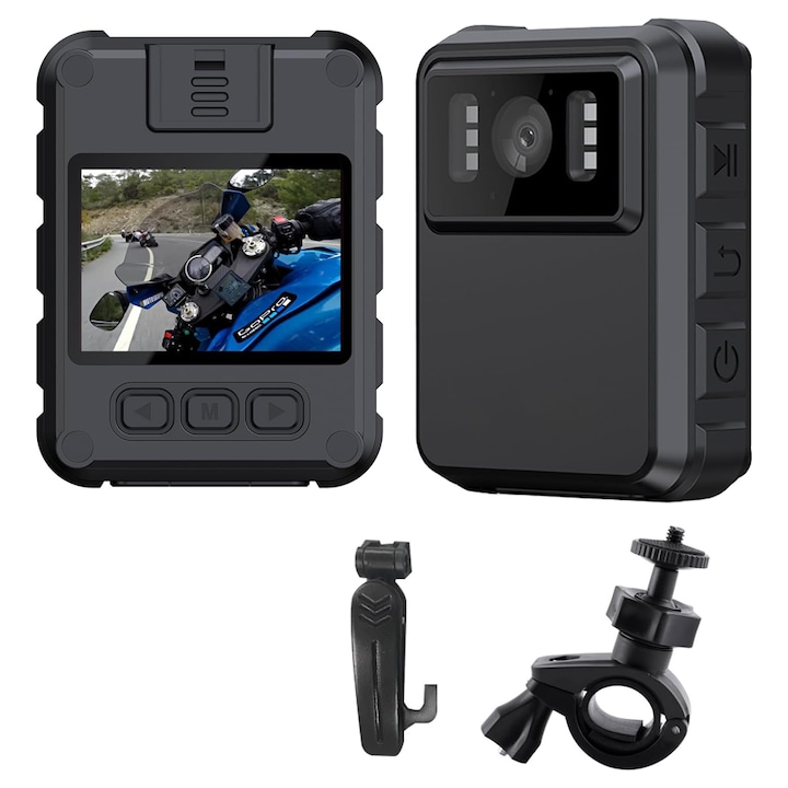 Видеокамера за тяло, 2K резолюция, 2 инчов дисплей, 1800 mAh батерия, Nightvision IR, IP65 водоустойчив, Type-C зареждане, Черен