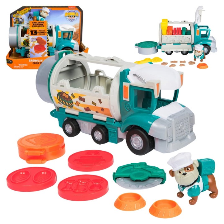 Paw Patrol Rubble & Crew készlet, Growlin' Grub élelmiszerszállító teherautó Grandpa Gravel figurával és kinetikus homokkal, Spin Master