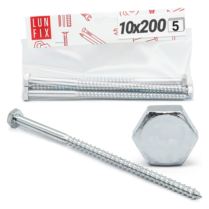 Suruburi cu cap hexagonal, Lun Fix, 10x200mm, set 5 bucati, otel zincat