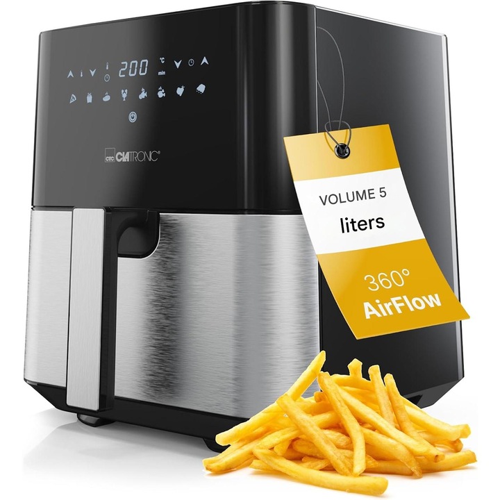 Friteuza Air Fryer Clatronic, FR 3782 H, capacitate 5 litri, fara ulei, 8 programe, temperatura ajustabila 80-200°C, timer, ecran LCD, touchscreen, circulare 360° a aerului pentru gatire uniforma, protectie supraincalzire, negru