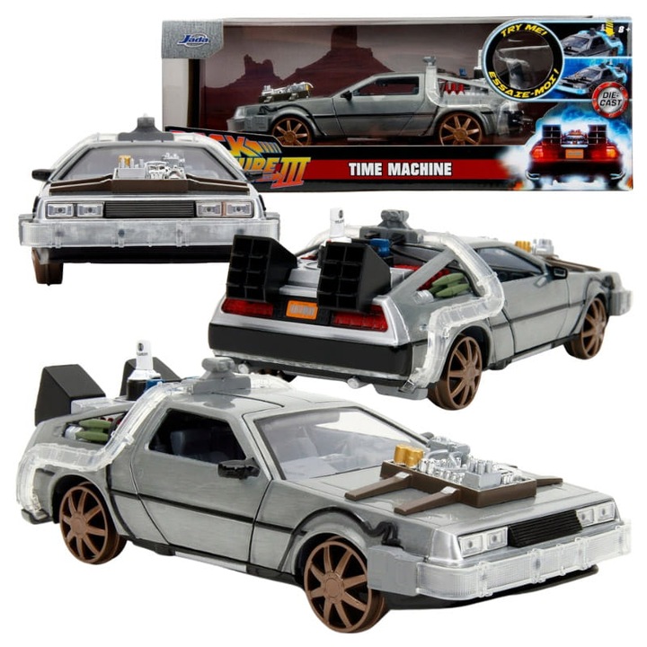 DeLorean DMC car, Jada, Back to the Future III, мащаб 1:24, метал, LED, отварящи се врати