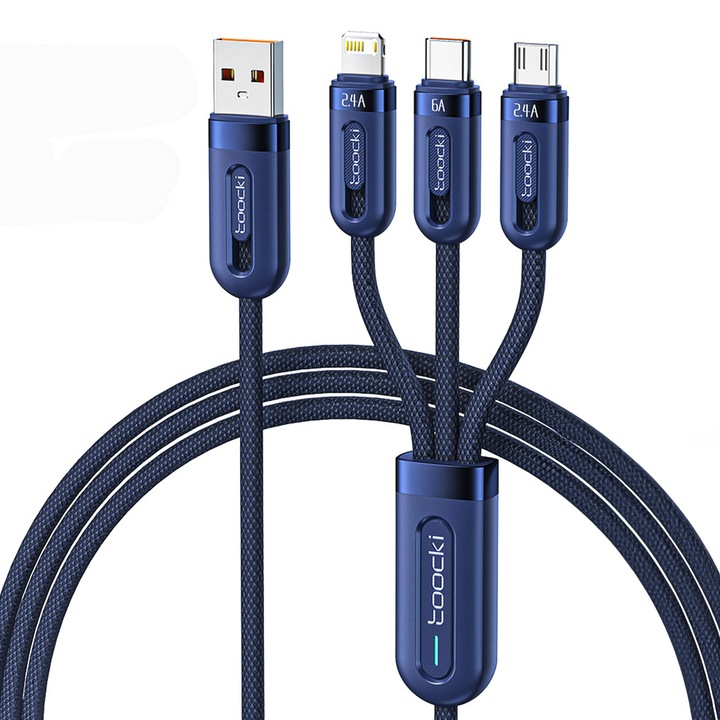 Töltőkábel 3 az 1-ben Toocki, 66W, gyors töltés, 1.2m, USB, USB-C, Lighting, kompatibilis iPhone, Samsung, Huawei, Kék