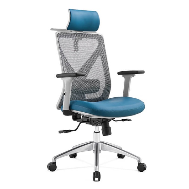 Scaun Ergoplus Mike-H AL blue, spatar mesh, tetiera 2D, brate 3D, mecanism syncron, translatie sezut, spatar reglabil U&D, suport lombar reglabil 2D, cadru gri, baza din aluminiu