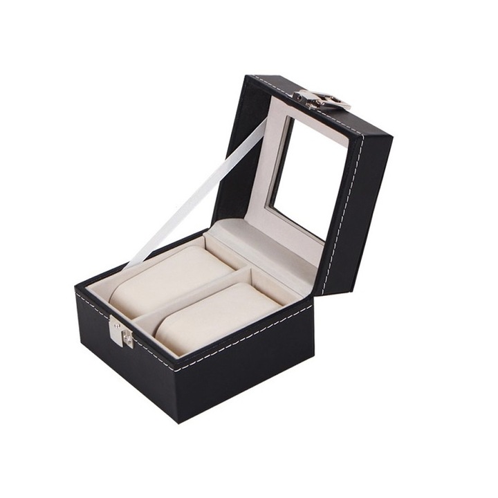 Cutie de depozitare pentru 2 ceasuri, piele ecologica, 11x11x8cm