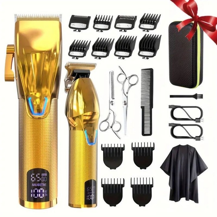 Set de aparate de tuns profesional, vsmooth, aurie, fara fir, cu display LED, accesorii ajustabile, foarfece, capa, cutie de depozitare