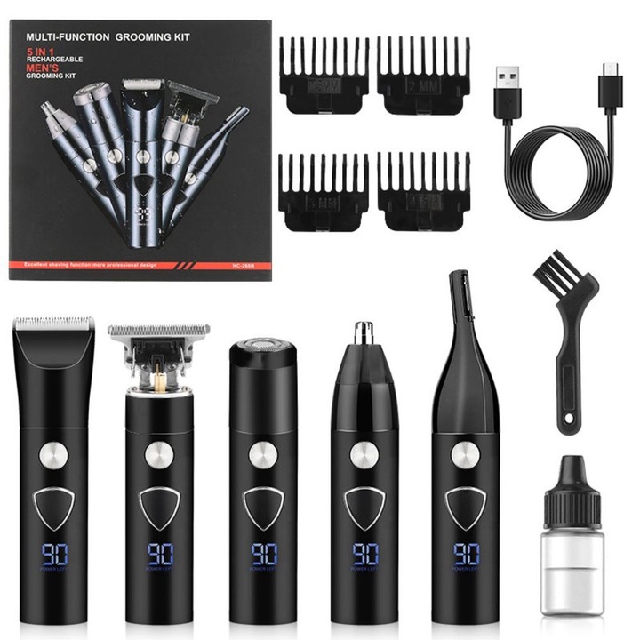 Set aparat de tuns 5 in 1, vsmooth, trimmer pentru barba, trimmer pentru nas si urechi, negru, portabil