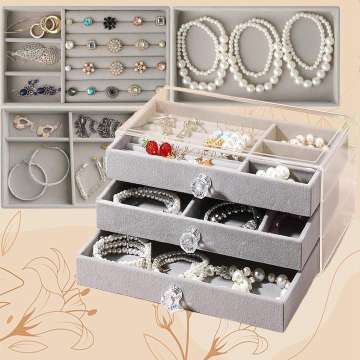 Органайзер за бижута от прозрачен акрилен кадифе с 3 чекмеджета, Puepoul, с прибиращо се чекмедже, подреждащ се дисплей за обеци, колиета, пръстени, гривни, 3 чекмеджета, кадифе, 23.5x13.5x11 см, сив