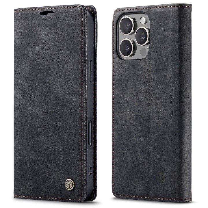Husa pentru iPhone 16 Pro Max, CaseMe, slim piele, tip portofel, stand, inchidere magnetica, textura catifelata, buzunare pentru bani si carduri, Negru