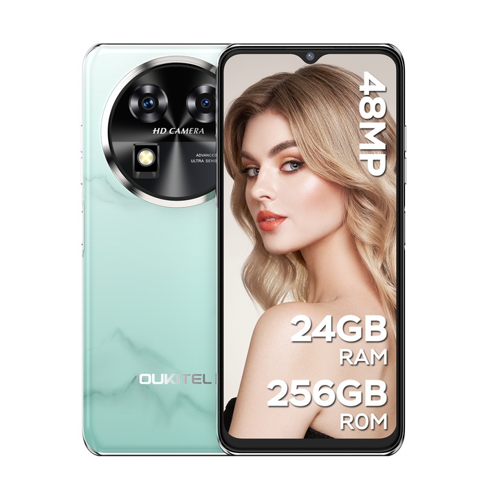 OUKITEL C37 (2024) mobiltelefon, Dual SIM, 6,6" FHD+ 2K képernyő, 24GB+256GB/1TB, Android 13, 5100mAh, 48MP+32MP, 4G okostelefon, nyolcmagos/ujjlenyomat/arcazonosító/GPS, zöld