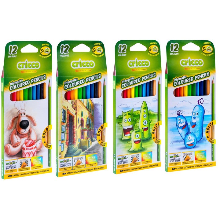 Cricco színes ceruzakészlet, 12 szín, háromszög alakú, puha grafit, többszínű