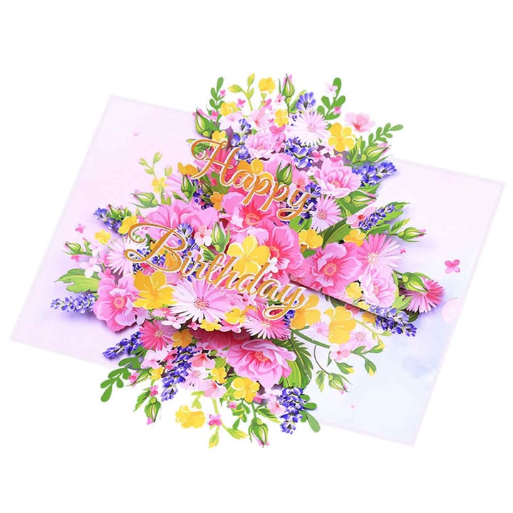 Felicitare 3D roz cu flori, Enforose, design tridimensional, 15x20cm, set 1 bucata