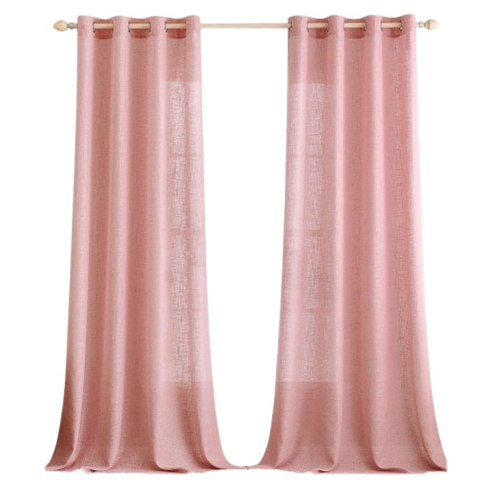 Set 2 perdele MIULEE, cu inele, din in, semitransparente, 260 x 140 cm, Roz