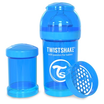 Biberon anticolici cu recipient lapte praf Twistshake, 180 ml, albastru Biberon anticolici cu recipient lapte praf Twistshake, 180 ml, albastru