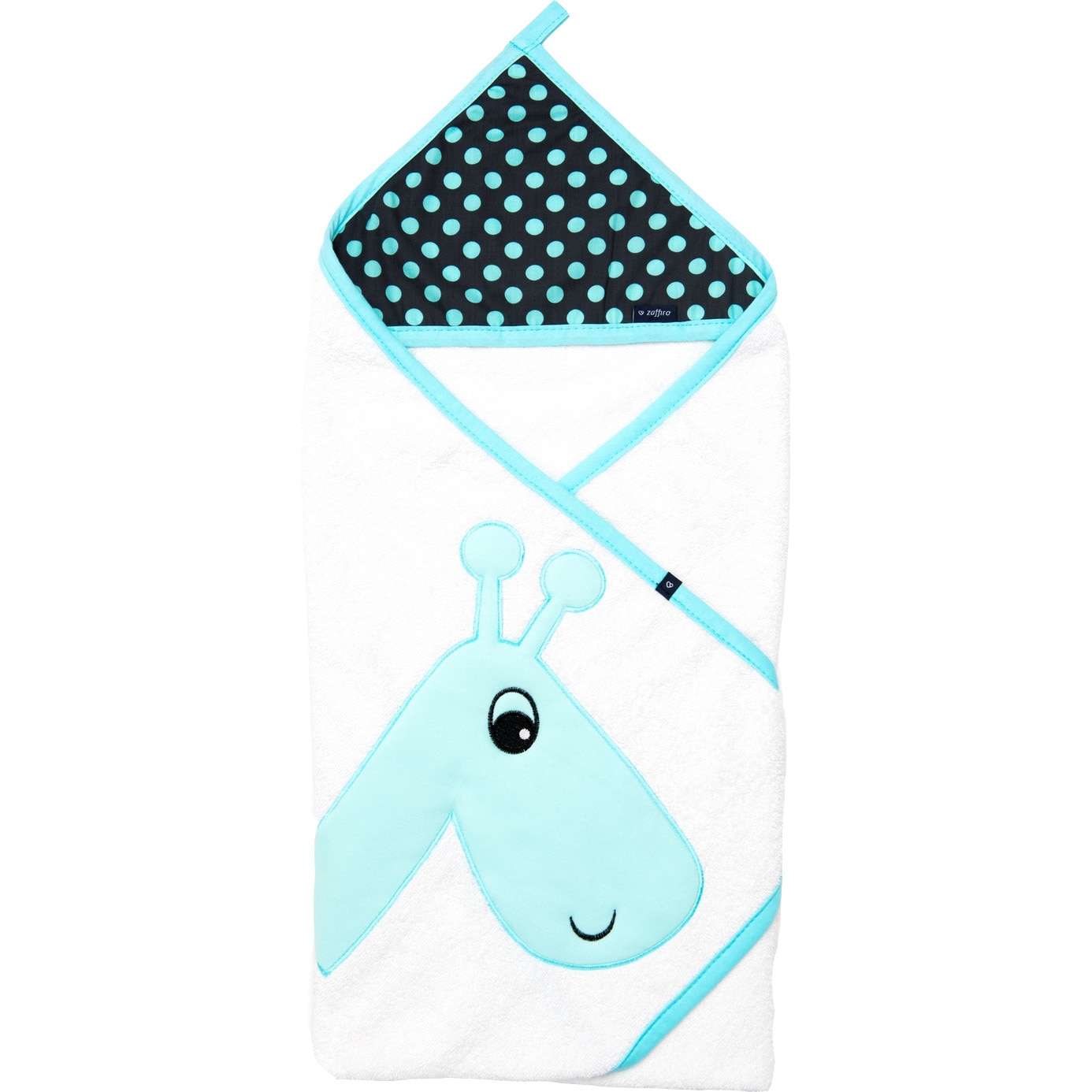 Prosop de baie cu broderie Girafa 100x100, Womar Zaffiro, Alb/Turcoaz/Gri Inchis