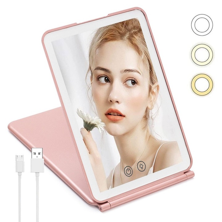 Преносимо козметично огледало с LED, 3 режима на осветяване, размери 19.2x13x1.7cm, розово злато