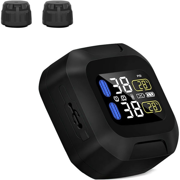 Sistem TPMS pentru motociclete, 2 senzori externi, monitorizare presiune anvelope, IP67, reincarcabil USB, 12x11.8cm, negru