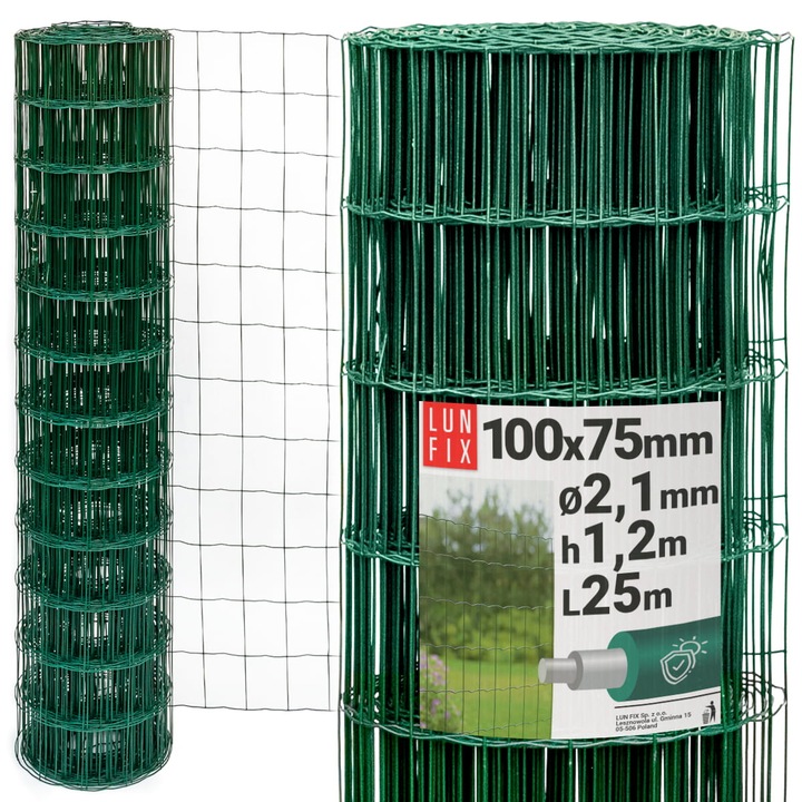 Plasa de garduri Lun Fix, 120cm, 100x75mm, verde, 25m, 2,1mm, otel/PVC