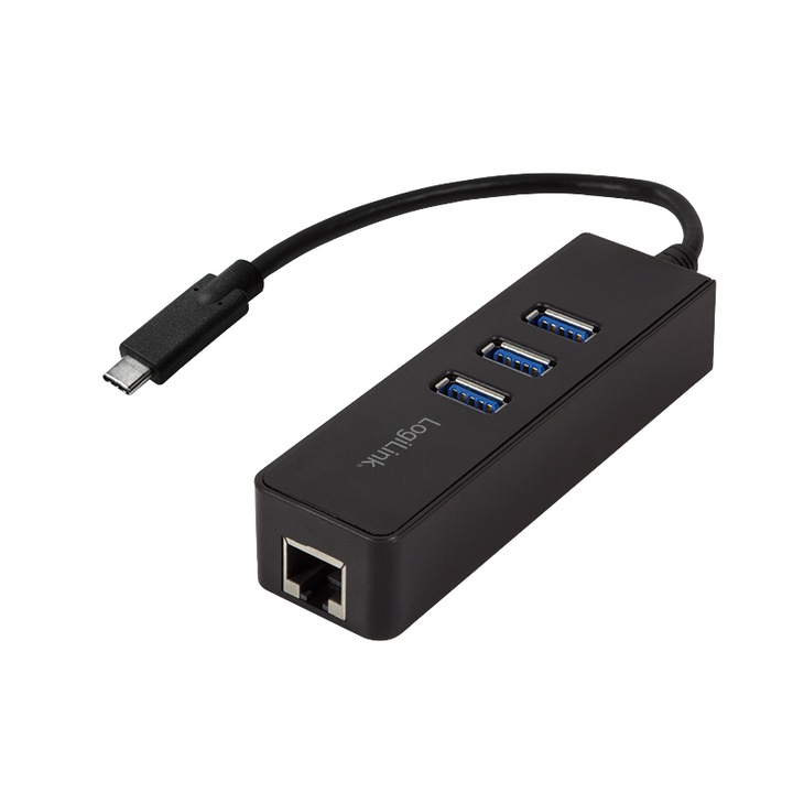 USB хъб LOGILINK, USB 3.0, 3.2 Type C, cablu 0.1 m, retea 10/100/1000 Mbps (Gigabit), Черен