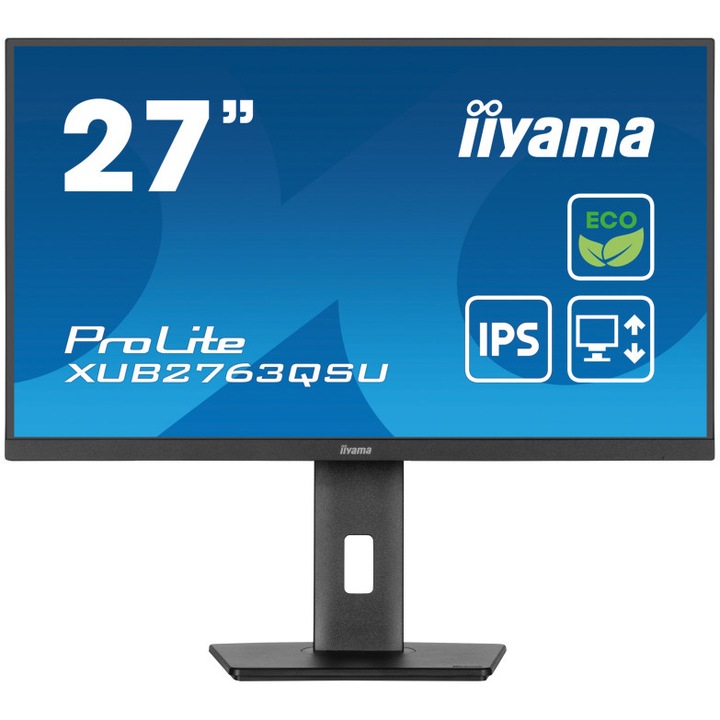 iiyama ProLite XUB2763QSU-B1 IPS LED monitor, 27" WQHD, 100MHz, 2ms, HDMI, DisplayPort, HUB USB 2x3.2, HAS (150mm) + Pivot, Villogásmentes + Blue light