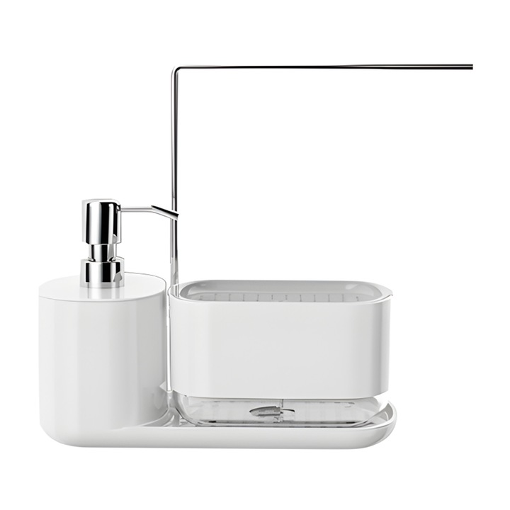 Szappanadagoló készlet kézhez és mosogatáshoz, tálcával, átlátszó, korrózióálló, 2 rekesszel