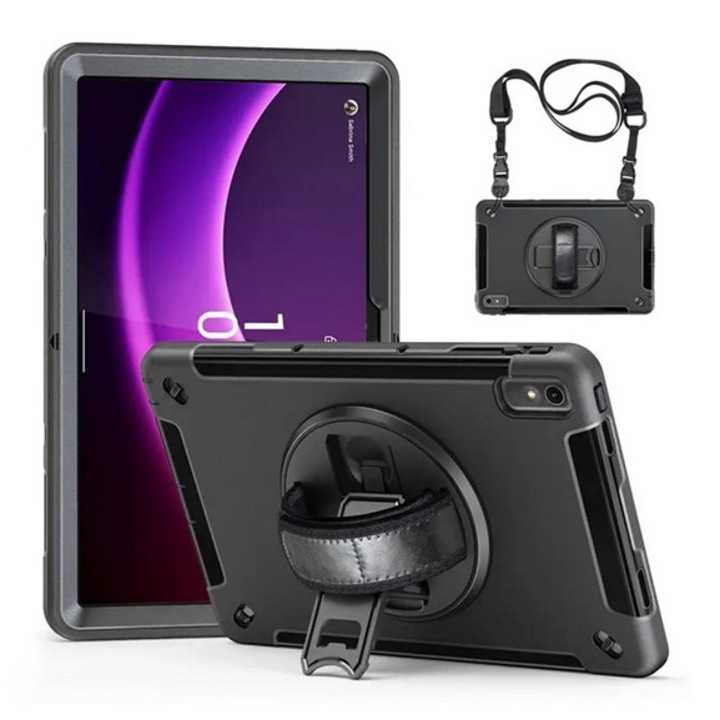 Gigapack defender műanyag tabletvédő, ütésállóság, kitámasztó, 360° + kézpánt, fekete, kompatibilis: Lenovo Tab P11 Gen2, TB350