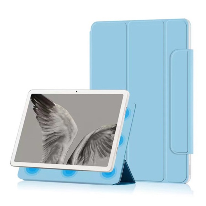 Gigapack tabletvédő álló, bőr hatású, aktív flip, mágneses, oldalra nyíló, trifold, asztali tartó, világoskék, kompatibilis: Google Pixel Tablet