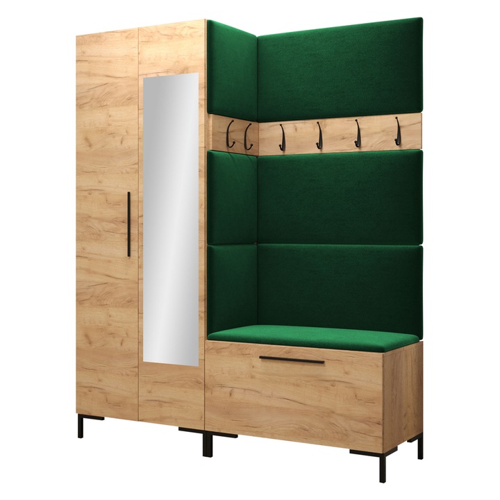 Mobilier pentru hol Frunofta IX, MIRJAN24, craft auriu + verde, 46x196x158 cm