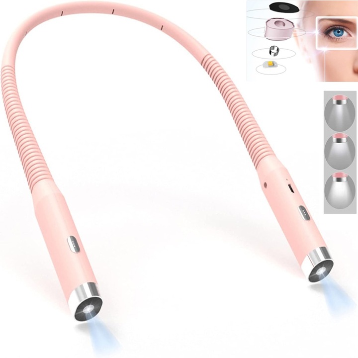 Lumina pentru gat pentru lectura, lumini pentru carti pentru citit noaptea in pat, lanterna LED reincarcabila in 3 culori pentru gat, lumini flexibile pentru brat-gat pentru mestesuguri, lectura, camping si reparatii