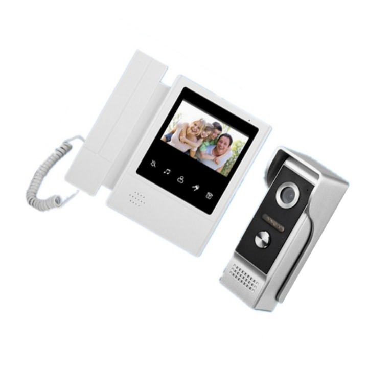 Videointerfon cu receptor, Ecran TFT LCD color de 4.3 Inch, Viziune nocturna cu Infrarosu, Bidirectional cu deblocare a usii, Rezistent la apa, Interfon bidirectional, ecran LED, camera exterioara 700TVL, sigura si convenabila, Alb