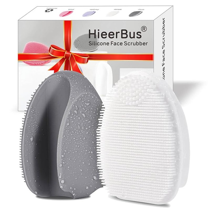 Szilikon Arckefe arc-és bőrtisztításhoz, HIEERBUS, mélytisztító, gyengéd hámlasztás, arcmasszázs, Smink eltávolító, unisex, ergonomikus, könnyen tisztítható, hordozható, szett 2 db (fehér + szürke)