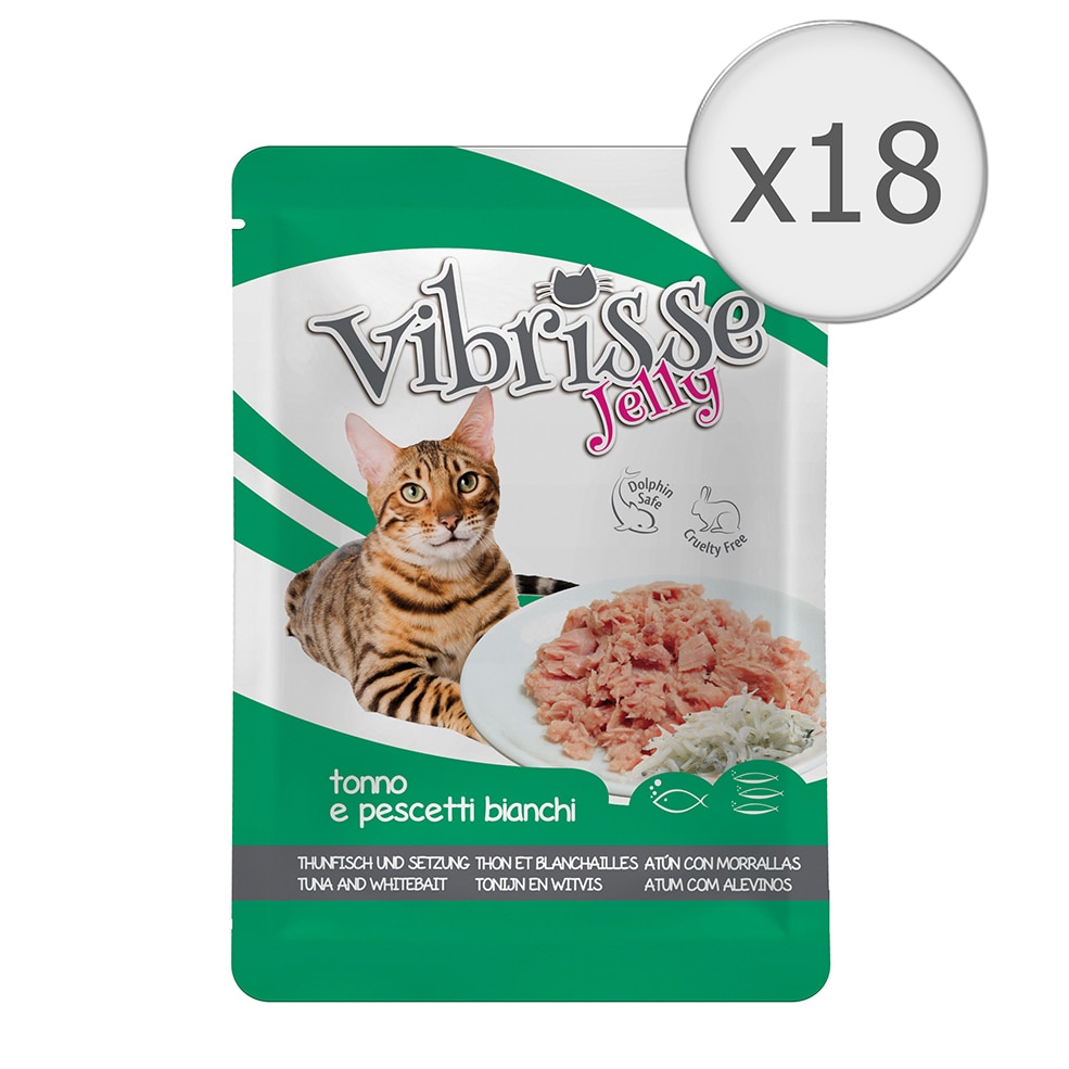 Hrana umeda pentru pisici Vibrisse, Ton si Peste Alb in Aspic, 18 x 70 g