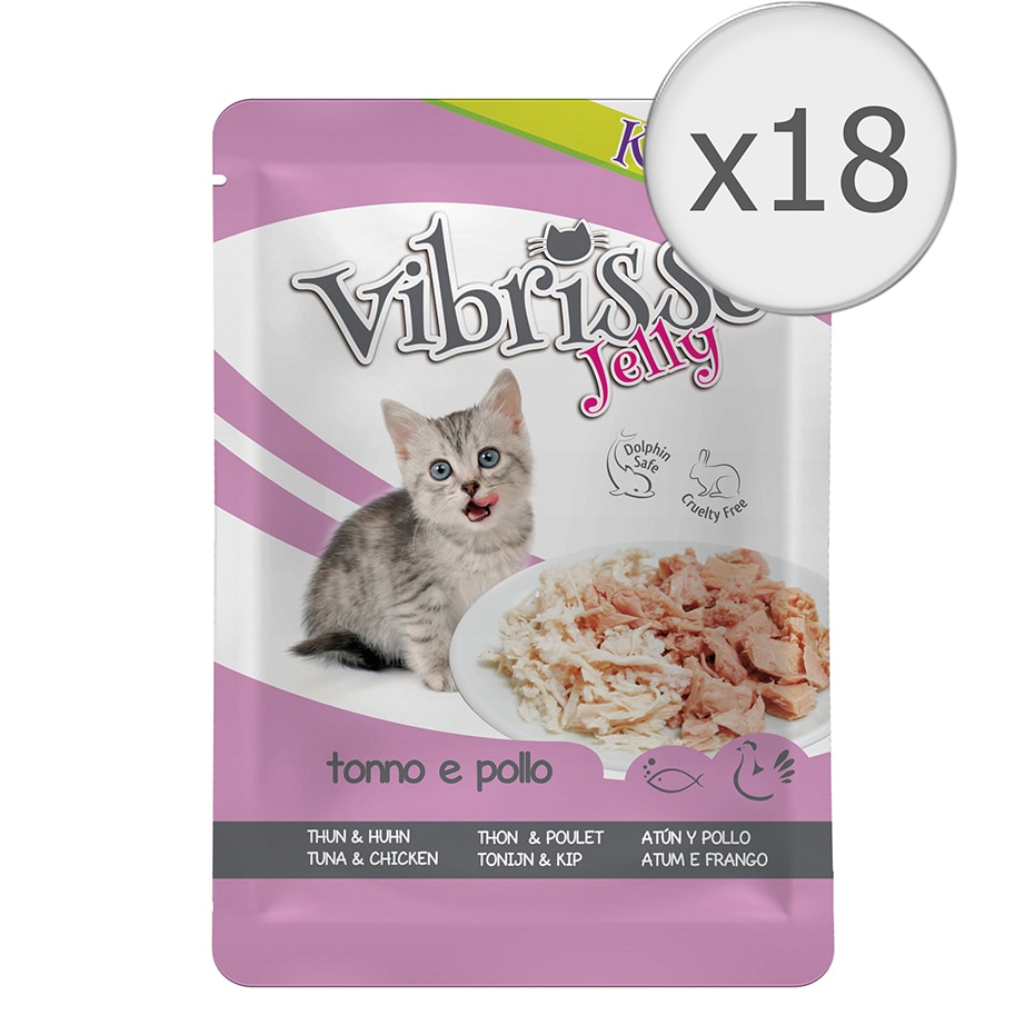 Hrana umeda pentru pisici Vibrisse, Kitten, Ton si Pui in Aspic, 18x70g