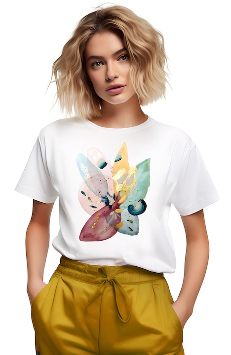 Tricou dama, Flori, Abstract Flower Watercolor, Alb, M