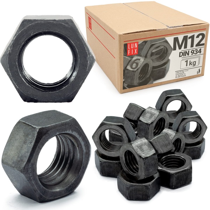 Шестостенни гайки M12, Lun Fix, DIN 934, клас 6, черни, 1кг
