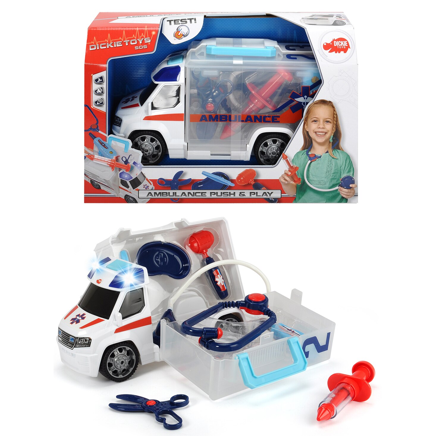 Ambulanta Dickie Toys Push & Play, cu accesorii doctor