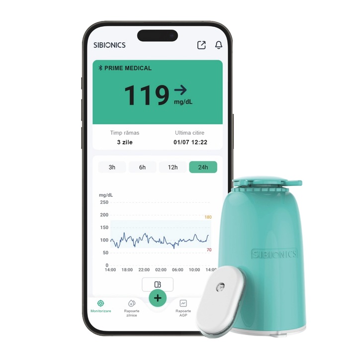 SIBIONICS Sistem de monitorizare continua a glucozei (CGM), conectivitate Bluetooth, autonomie 14 zile