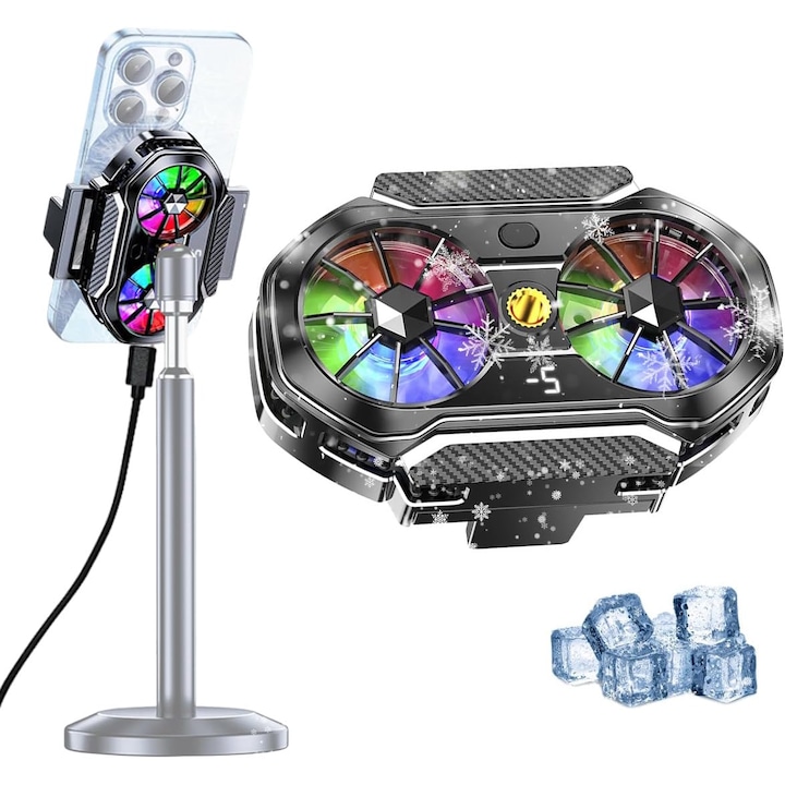 Универсален охладител за телефон, С LED дисплей за температура, съвместим със смартфони от 4,5 до 7 инча, RGB осветление, 3 регулируеми скорости, Черен