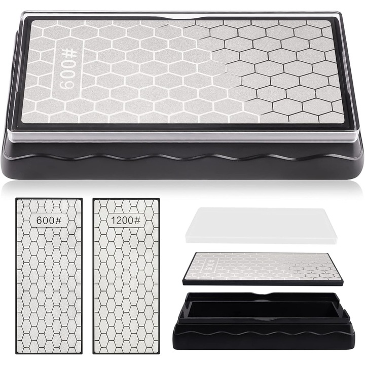 Set de 2 pietre de ascutit cu diamant, Granulatie 600 / 1200, Potrivit pentru foarfece si cutite de bucatarie, cutie depozitare, Argintiu