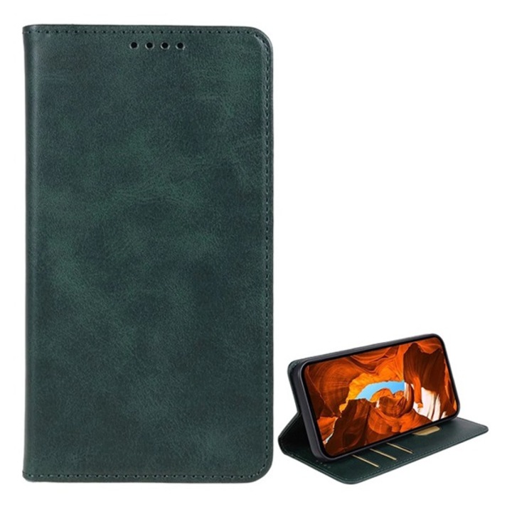 Gigapack mobiltelefon tok álló, bőr hatású, flip, oldalra nyíló, asztali tartó, koptatott bőr minta, prémium, sötétzöld, kompatibilis: Motorola Moto G54 Power 5G, XT2343-6, / Moto G54 5G, XT2343-1